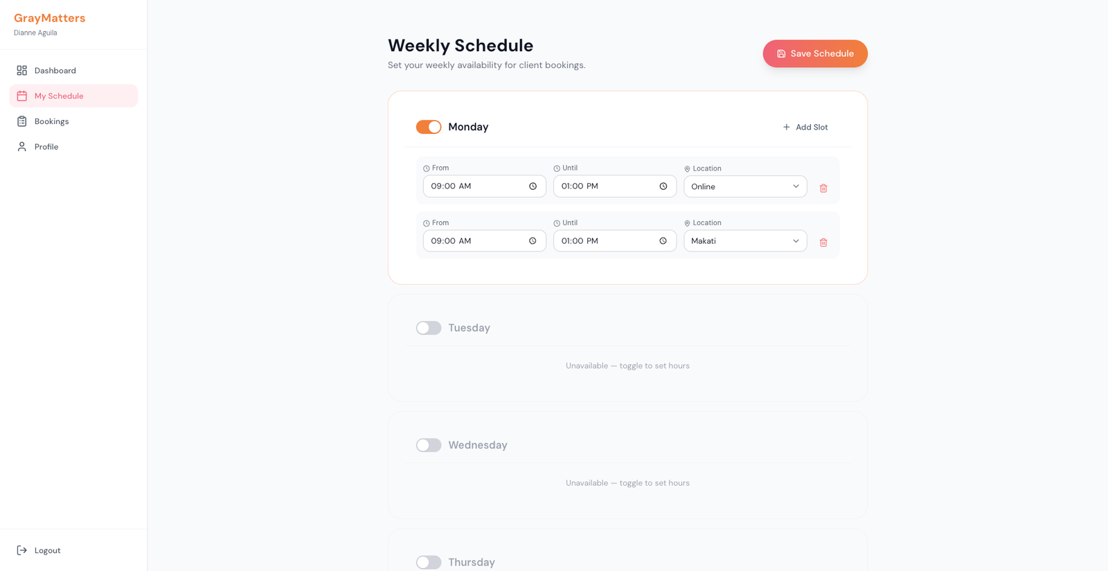 GrayMatters Philippines — Consultant Weekly Schedule